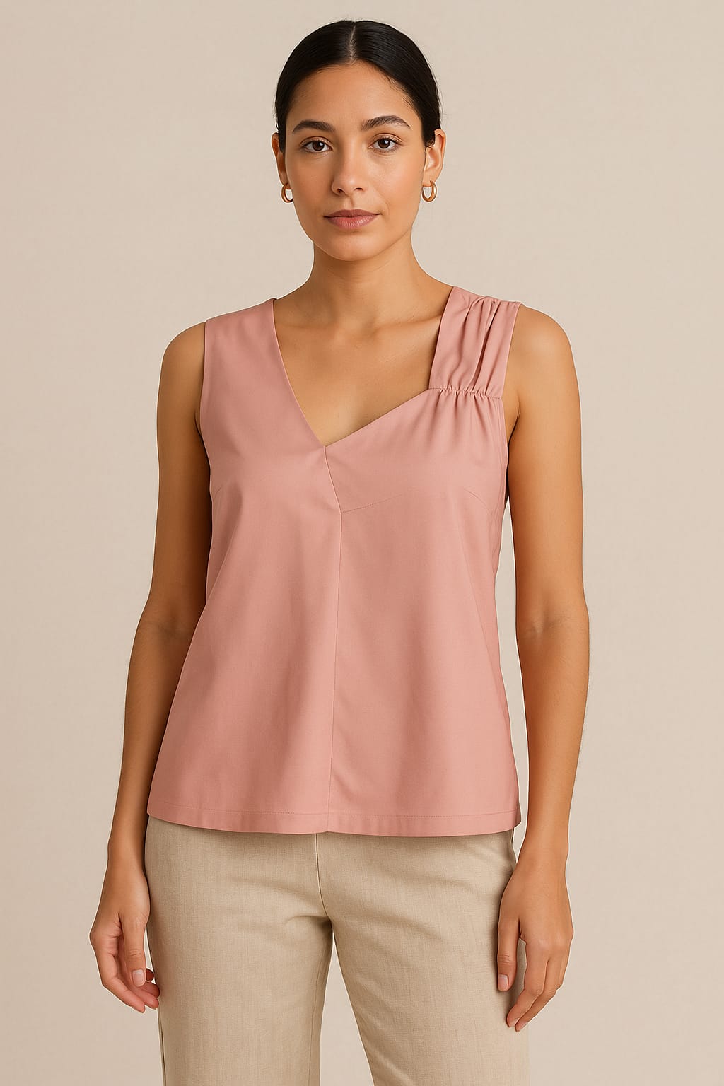 Blush Rose One-Shoulder Ruched Pure Satin Top – Sleeveless Summer Essential