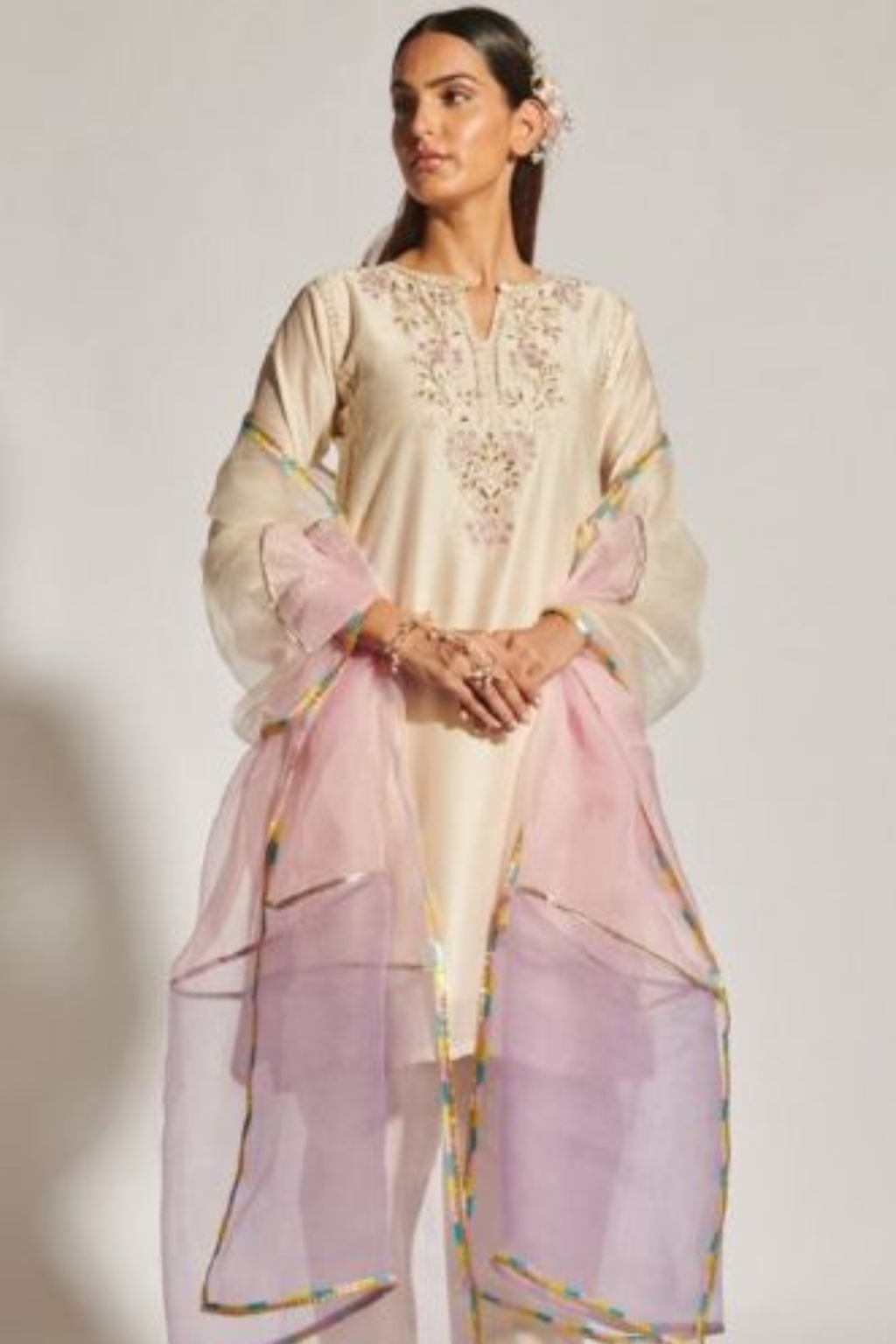 Ivory Blush Chanderi Silk Kurta Set with Organza Dupatta | Satvik Style