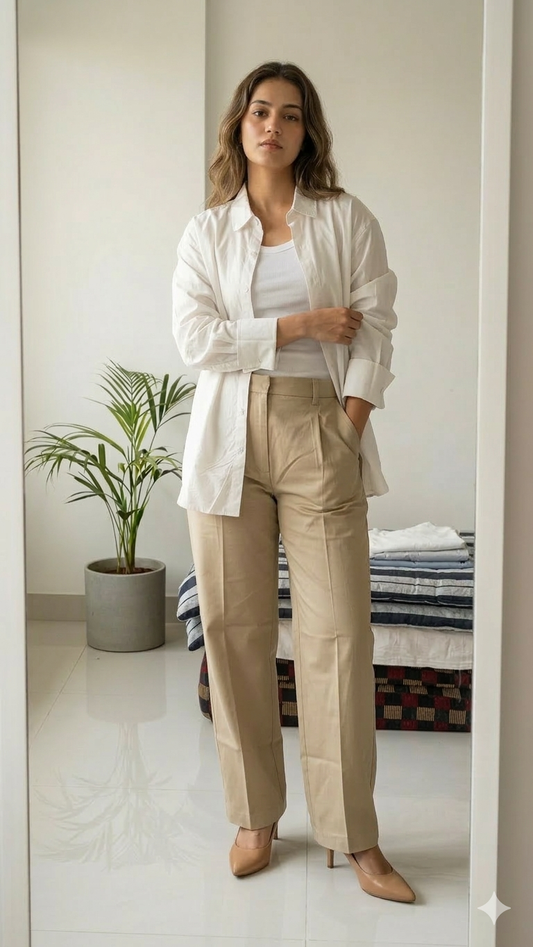 Oversized White Pure Cotton Shirt with Beige Trousers – Minimal Chic Set
