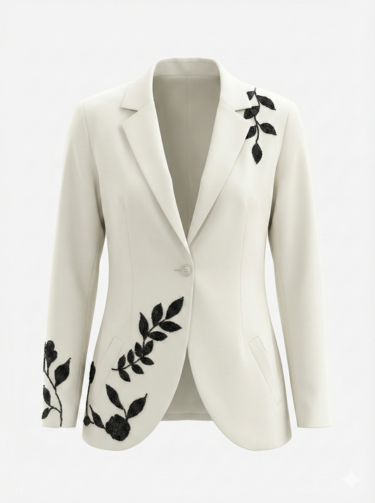 Women’s White Linen Cotton Blazer & Pant Set with Black Sequin Embroidery | Premium Party Wear Suit