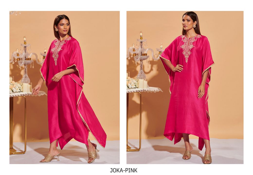 Hot Pink Silk Kaftan Set with Zari, Sequins & Cut Dana Hand Embroidery and Organza Dupatta | Satvik Style