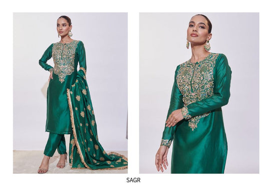 Emerald Green Silk Kurta Set with Zari, Sequins & Cut Dana Hand Embroidery and Heavy Dupatta | Satvik Style