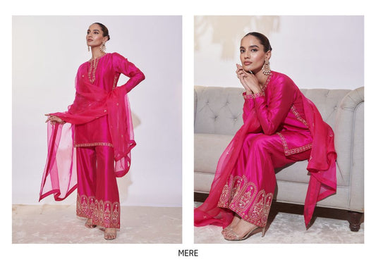 Fuchsia Pink Silk Kurta Set with Handcrafted Zari Embroidery and Heavy Organza Dupatta | Satvik Style