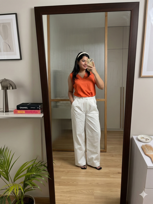 Sunkissed Orange Ombre Satin Top with Linen Cotton White Pant | Premium Soft Shine