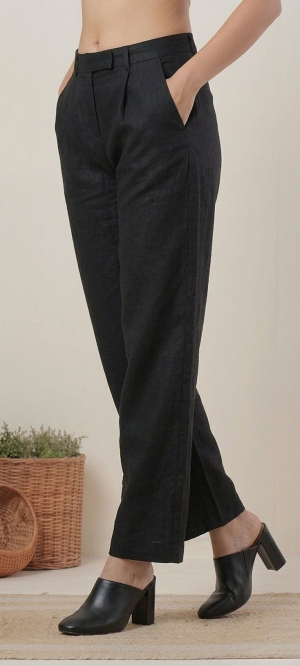 Black Linen Cotton- Straight-Leg Pants