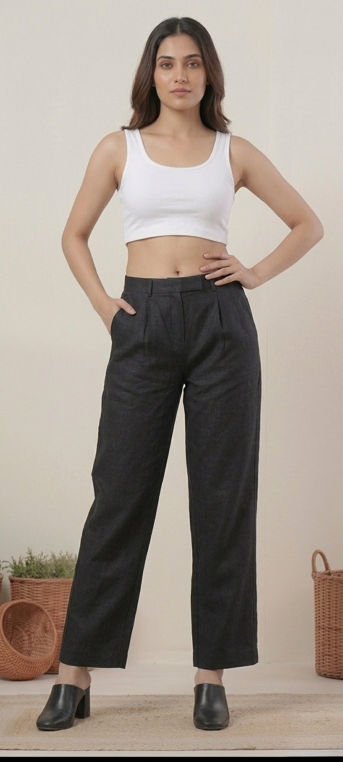 Black Linen Cotton- Straight-Leg Pants