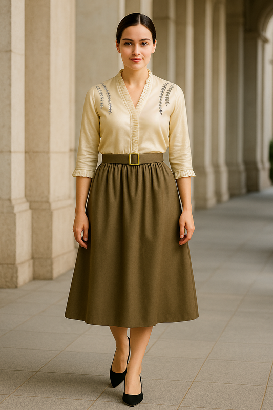 Golden Hour Chanderi Top & Giza Cotton Belted Skirt Set – Artisanal Elegance for Modern Professionals