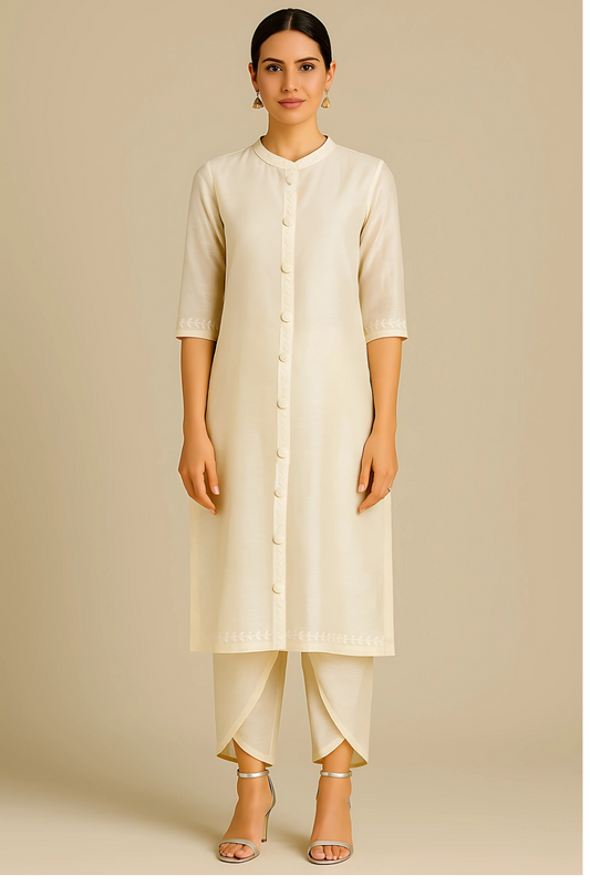 Ivory Chanderi Silk Kurta Set for Women with Embroidered Buttons & Tulip Pants – Festive Ethnic Wear