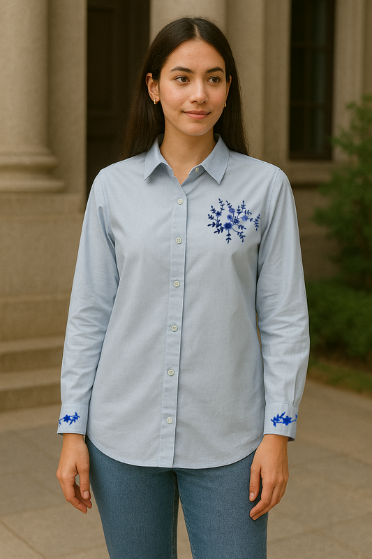 Azure Bloom Embroidered Cotton Shirt – Sky Blue Workwear with Delicate Detailing