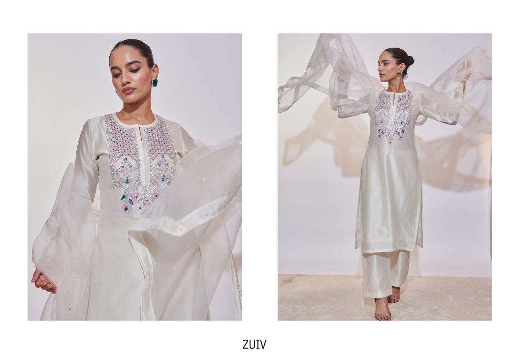 White Chanderi Silk Kurta Set with Zari & Cut Dana Hand Embroidery | Satvik Style