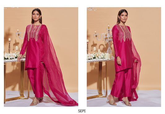 Rani Pink Silk Kurta Set with Zari, Sequins & Cut Dana Hand Embroidery and Organza Dupatta | Satvik Style