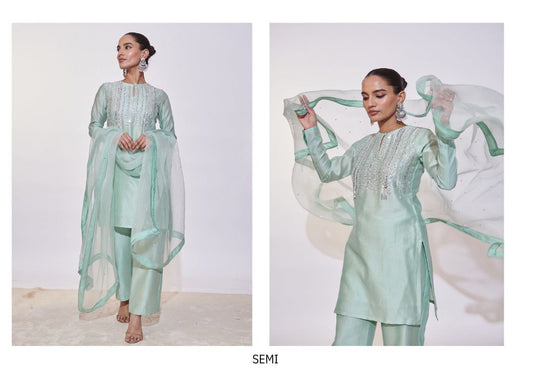 Mint Green Silk Kurta Set with Zari, Sequins & Cut Dana Hand Embroidery | Satvik Style
