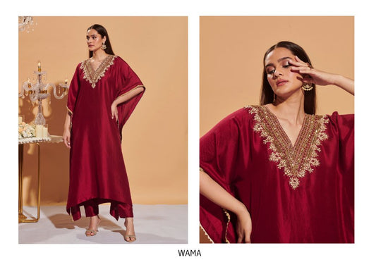 Maroon Luxe Silk Kaftan Set with Hand Embroidered Zari Detailing | Satvik Style