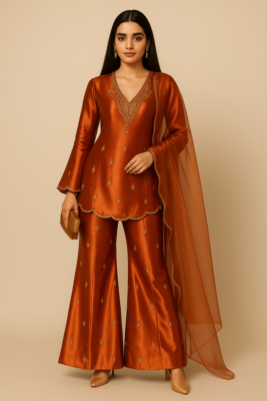 Burnt Orange Scallop Hem Kurta & Pant with Organza Dupatta– Made to Order