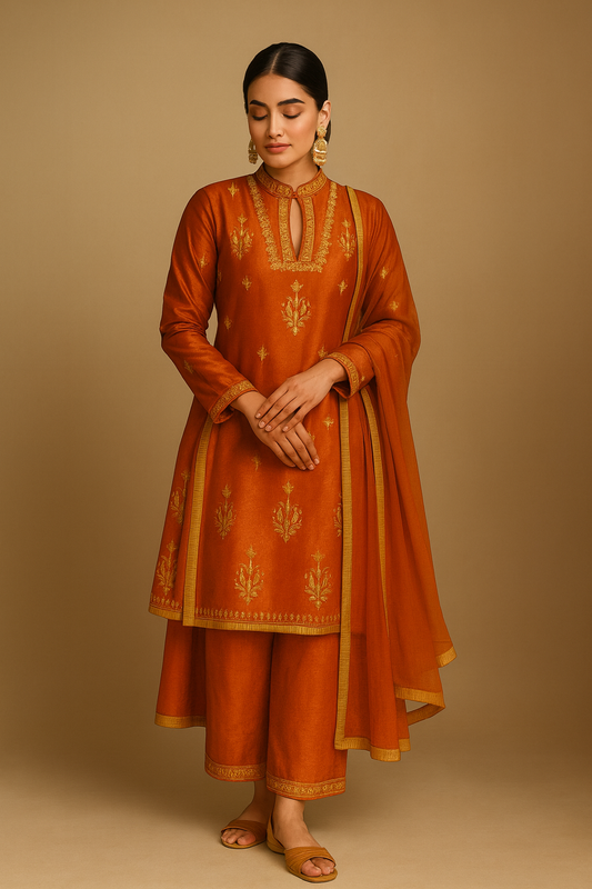 Custom Raw Silk Indian Suit with Golden Embroidery
