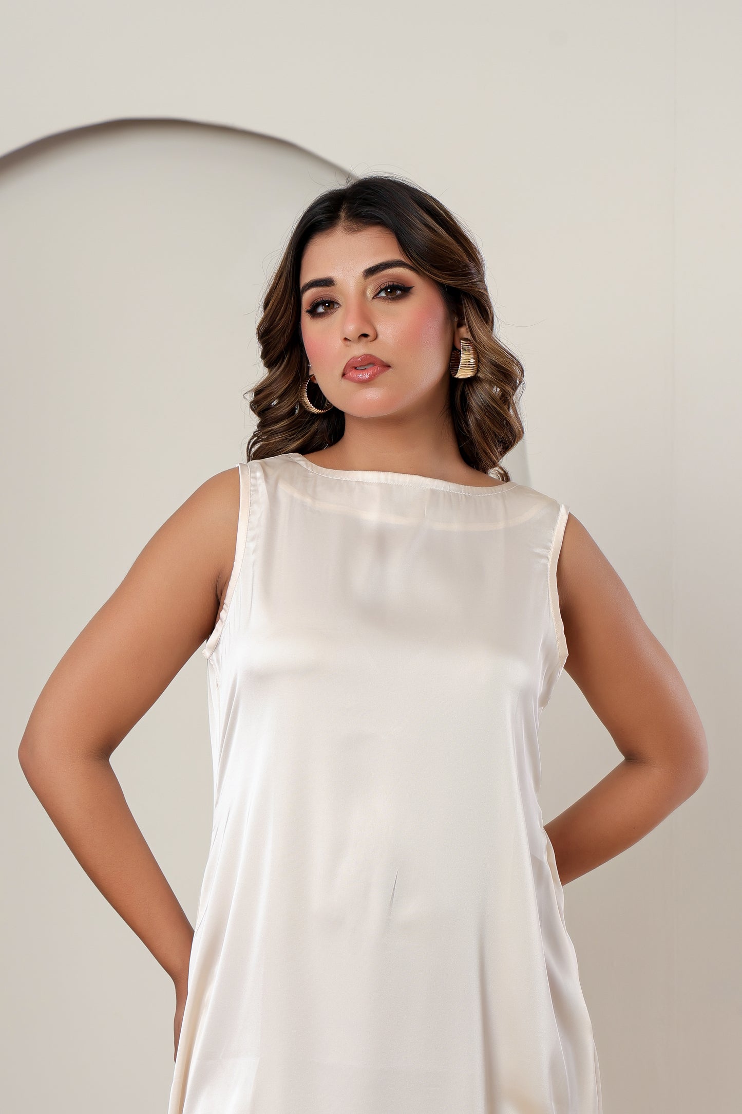 Creme Deep V-Neck Premium Satin Cocktail Dress