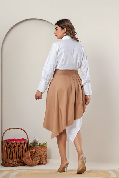 Asymmetric Pure Cotton Shirt Dress with Beige Overlay