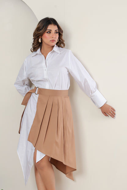 Asymmetric Pure Cotton Shirt Dress with Beige Overlay