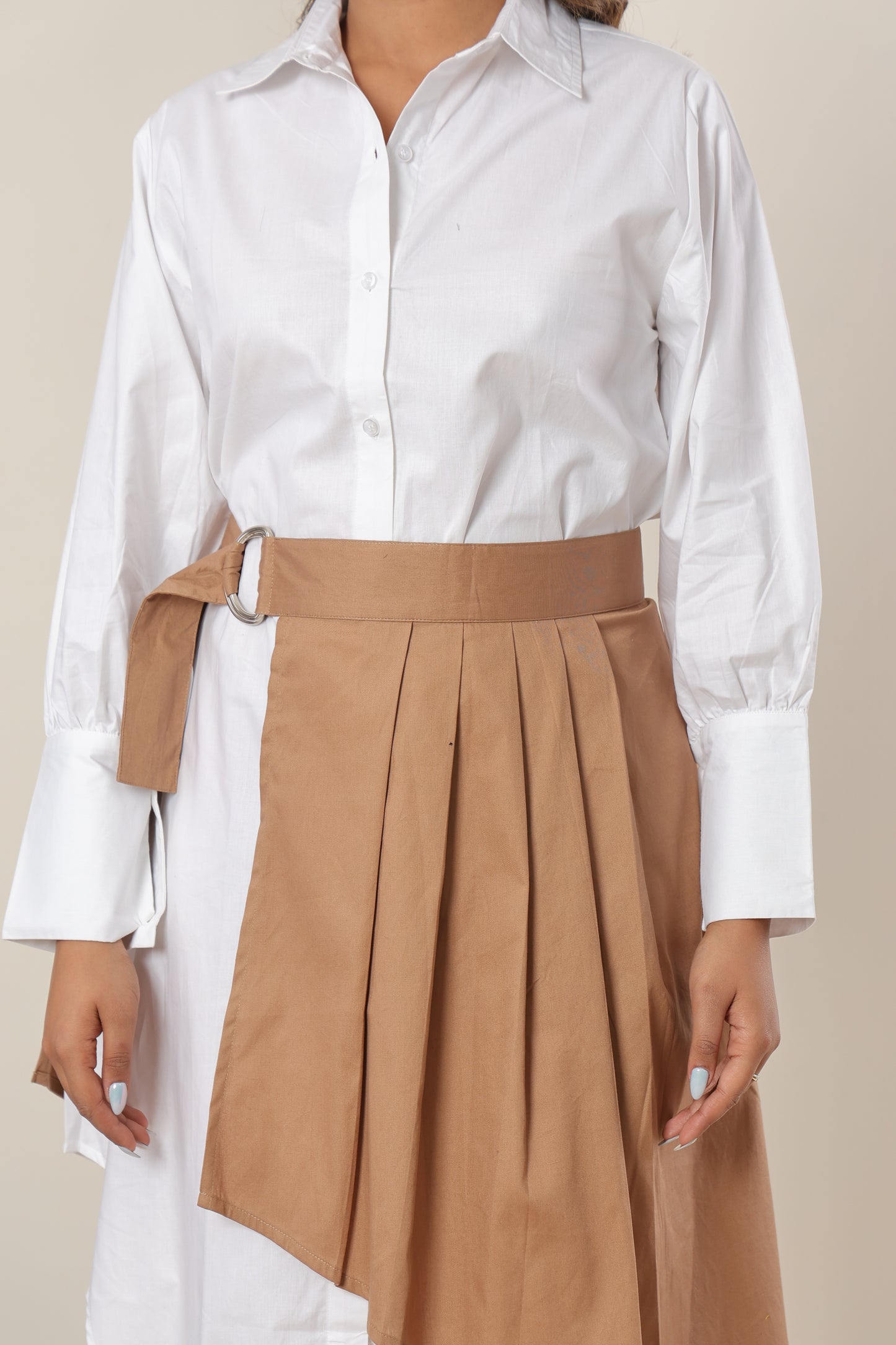 Asymmetric White Shirt Dress with Beige Overlay – Designer Workwear & Brunch Look