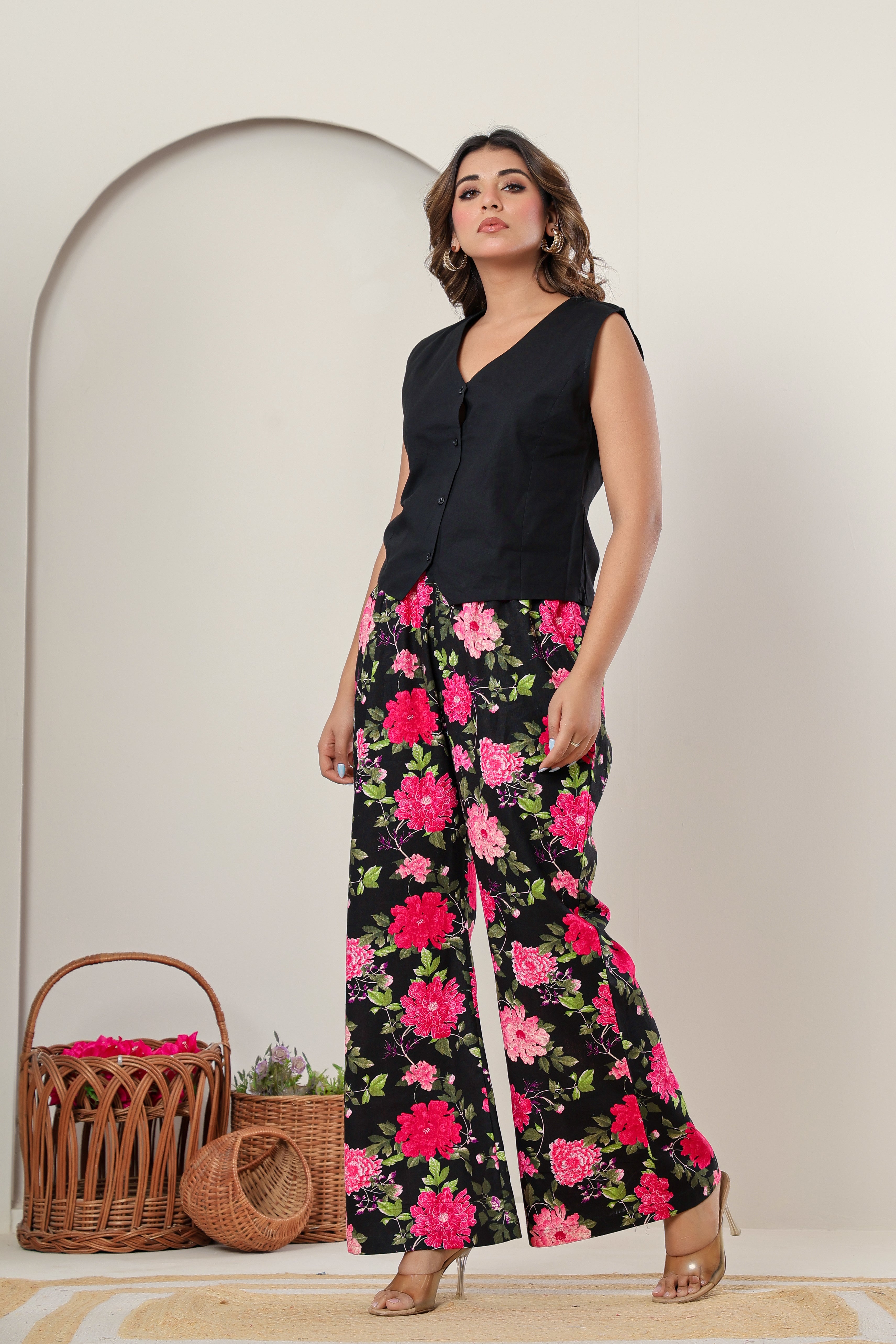 Floral Linen-Cotton Straight Pants