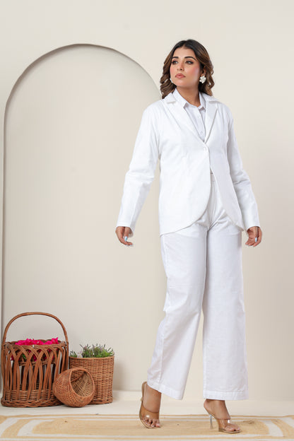 Women Ivory White Linen Cotton Blazer Pant Set