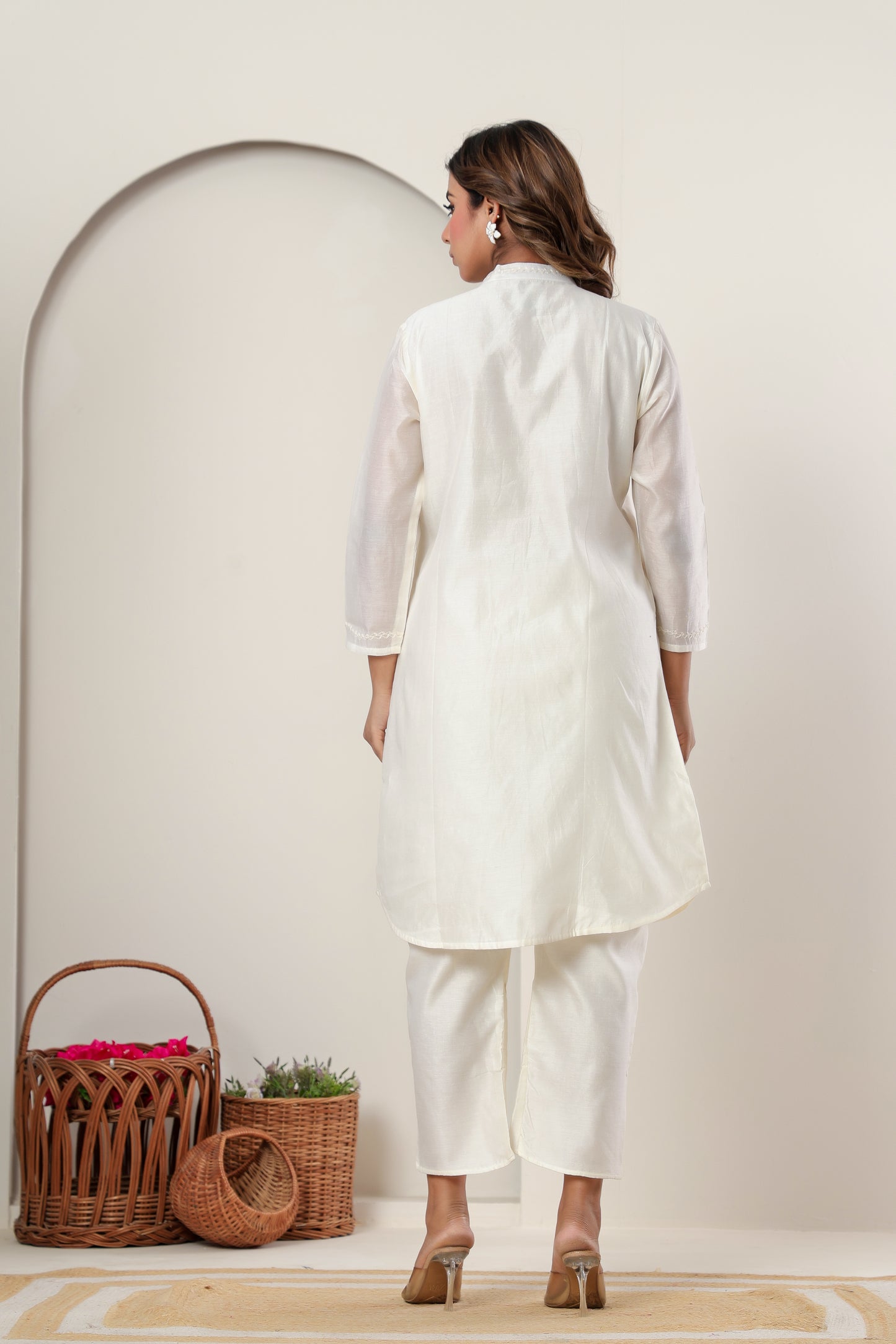 Ivory Chanderi Silk Apple cut Kurta Set for Women with Embroidered Buttons & Tulip Pants – Festive Ethnic Wear