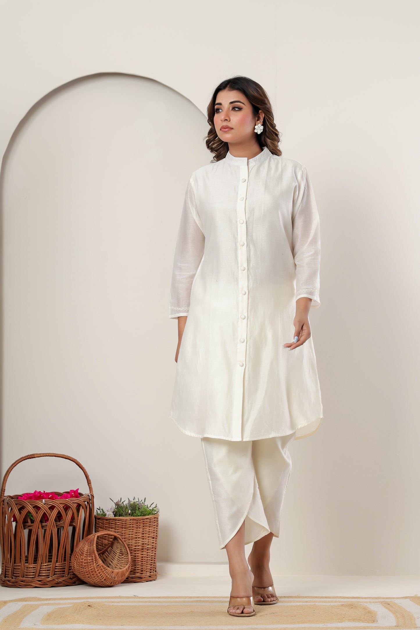 Ivory Chanderi Silk Apple cut Kurta Set for Women with Embroidered Buttons & Tulip Pants – Festive Ethnic Wear