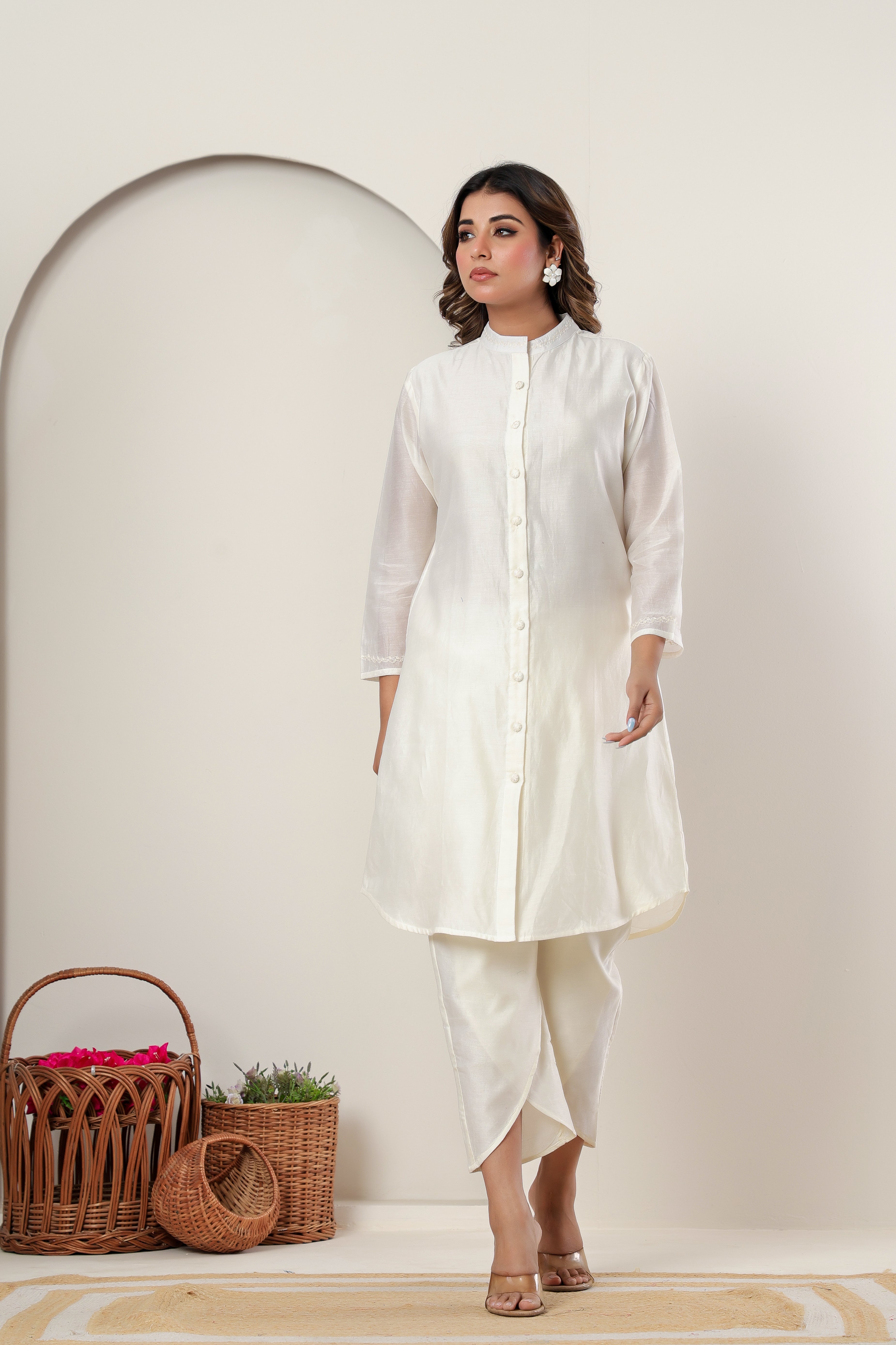 Embroidered Ivory Chanderi Silk Kurta Set with Tulip Pants