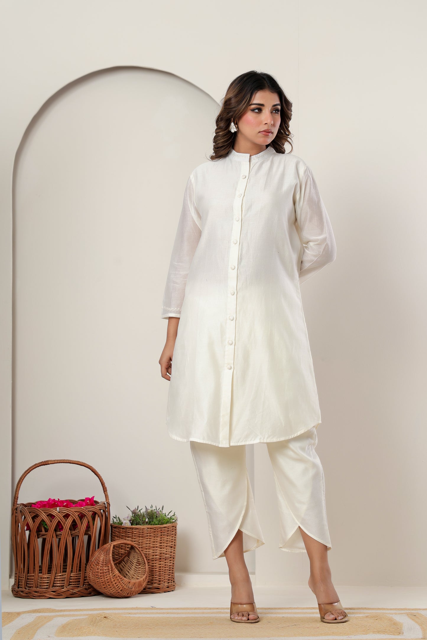 Ivory Chanderi Silk Apple cut Kurta Set for Women with Embroidered Buttons & Tulip Pants – Festive Ethnic Wear