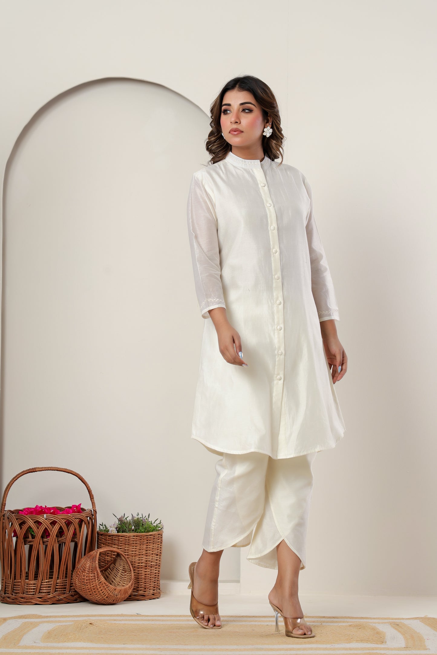 Ivory Chanderi Silk Apple cut Kurta Set for Women with Embroidered Buttons & Tulip Pants – Festive Ethnic Wear