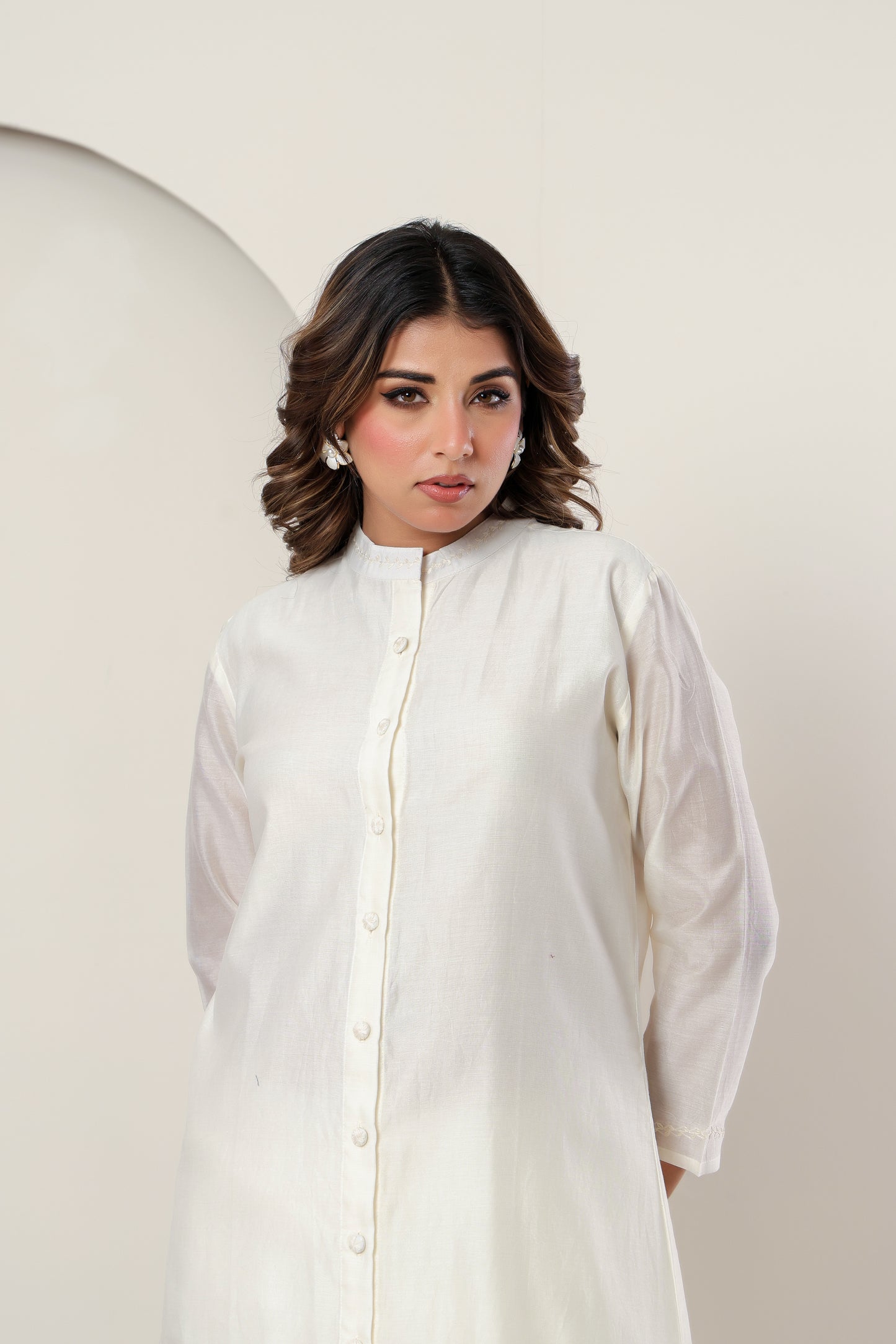 Ivory Chanderi Silk Apple cut Kurta Set for Women with Embroidered Buttons & Tulip Pants – Festive Ethnic Wear