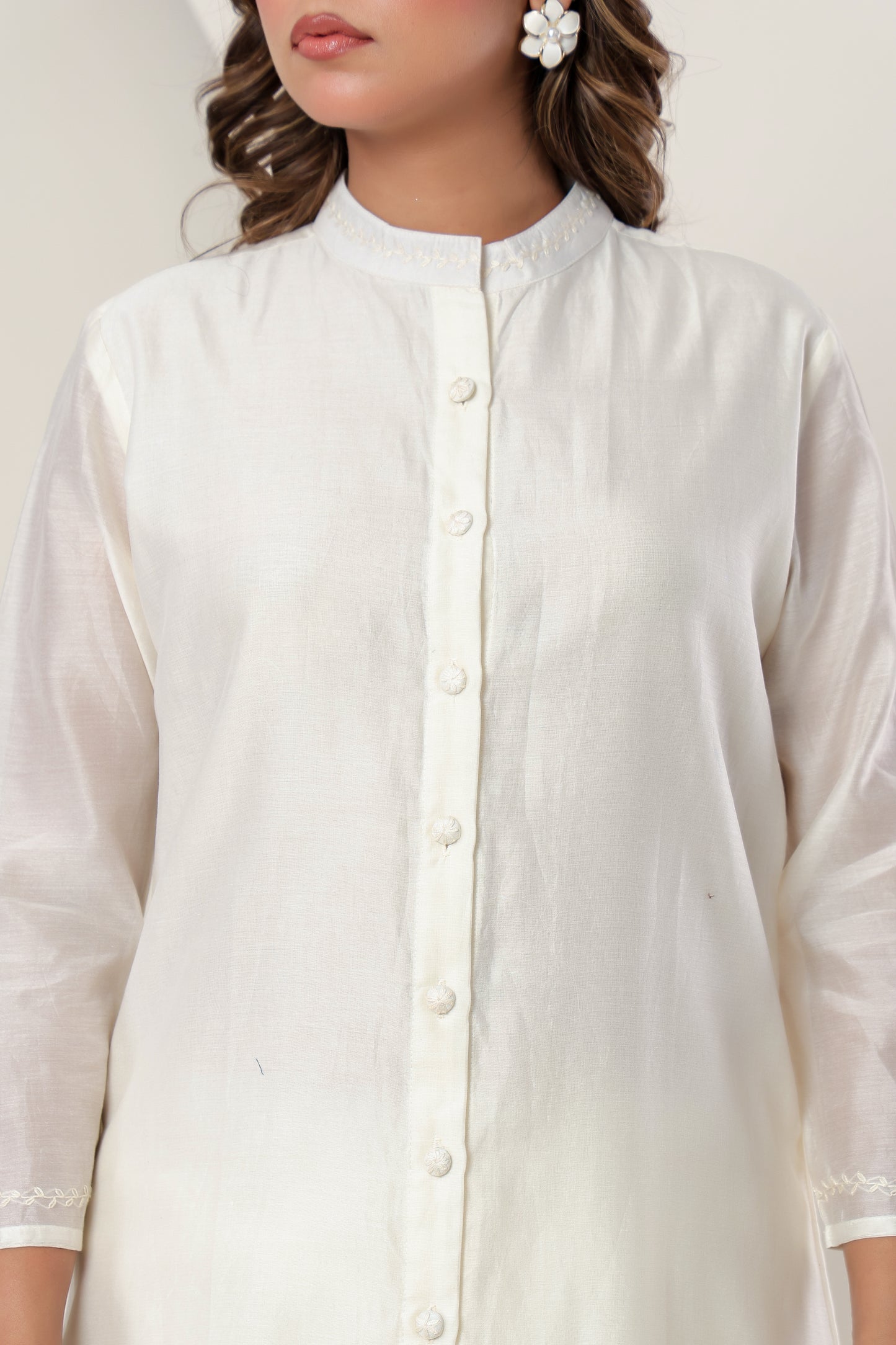 Ivory Chanderi Silk Apple cut Kurta Set for Women with Embroidered Buttons & Tulip Pants – Festive Ethnic Wear