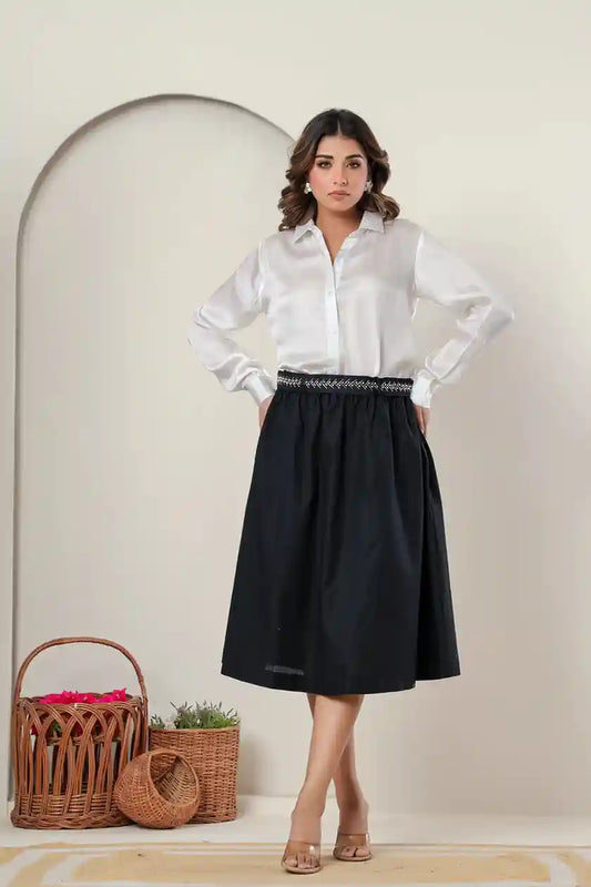Sustainable Bemberg Silk Shirt with Giza Cotton Skirt – Black & White Set with Belt and Silver Detail