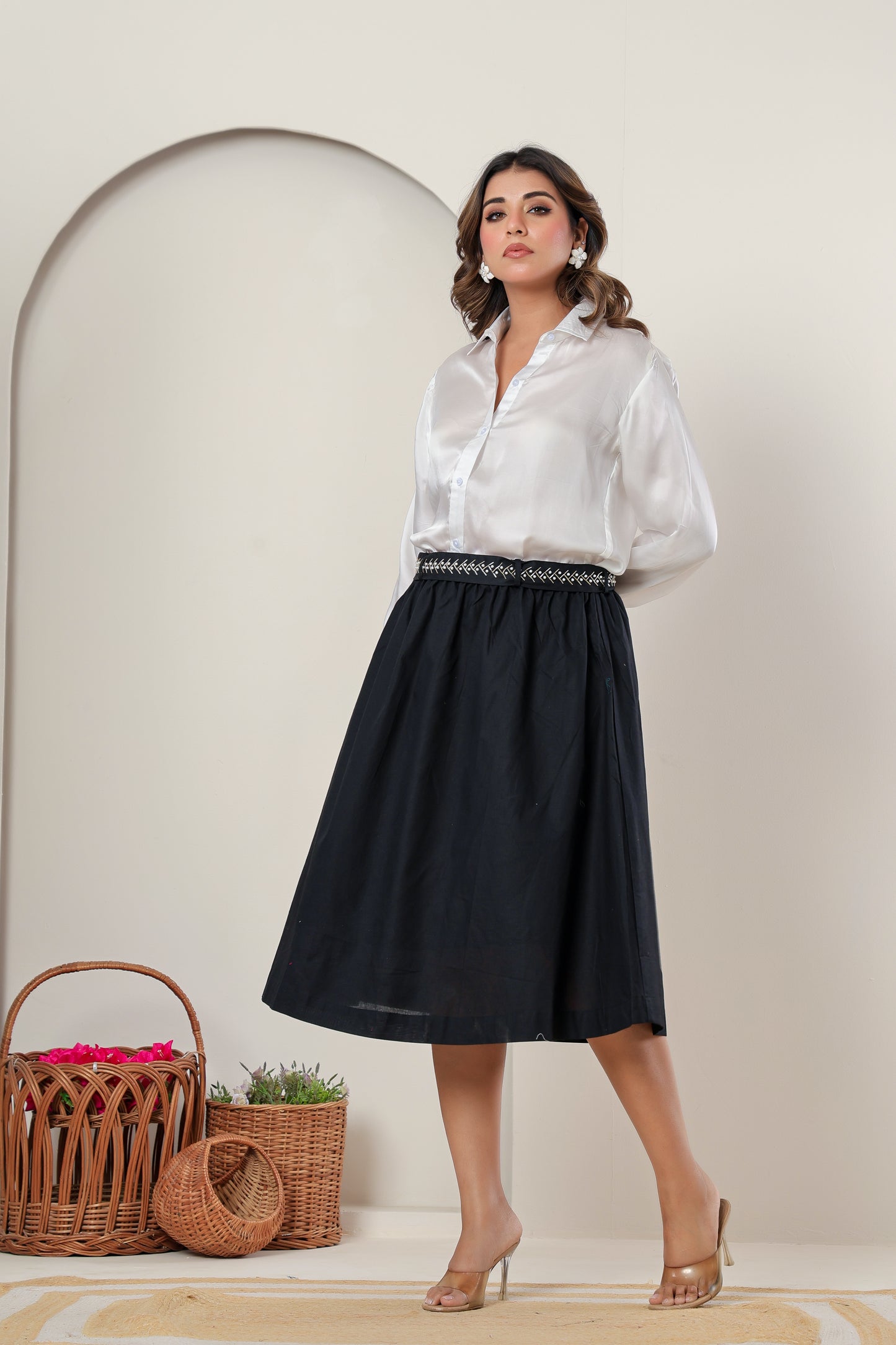 Sustainable Bemberg Silk Shirt with Giza Cotton Skirt – Black & White Set with Belt and Silver Detail