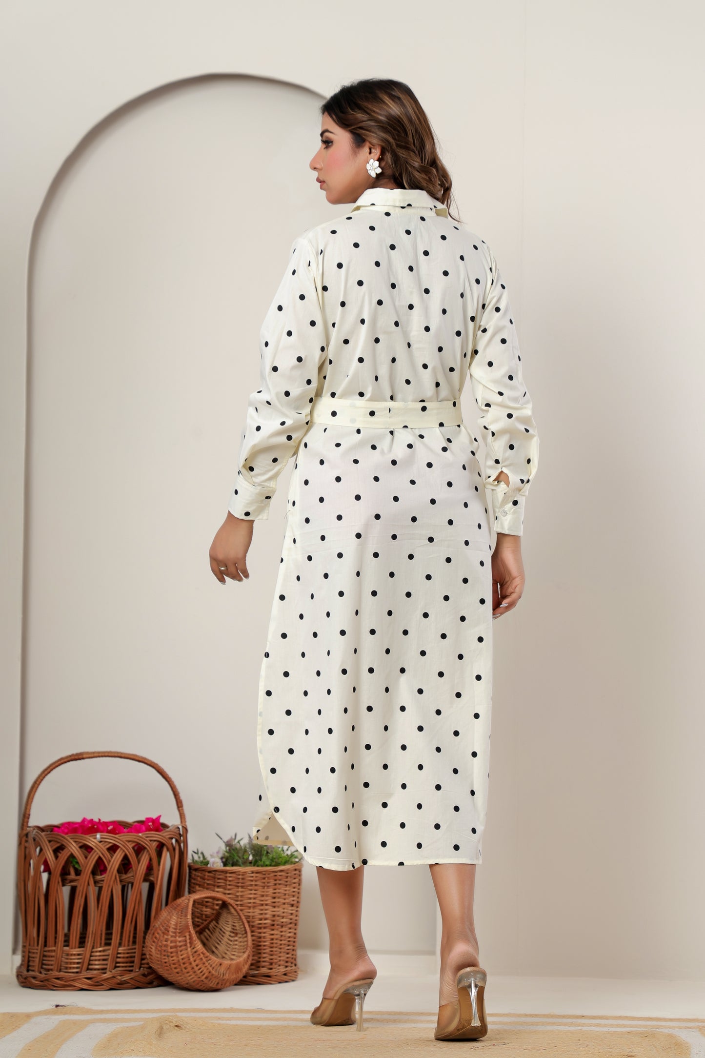 Crème Polka Dot Cotton Shirt Dress for Women | Long Midi Belted Button-Down