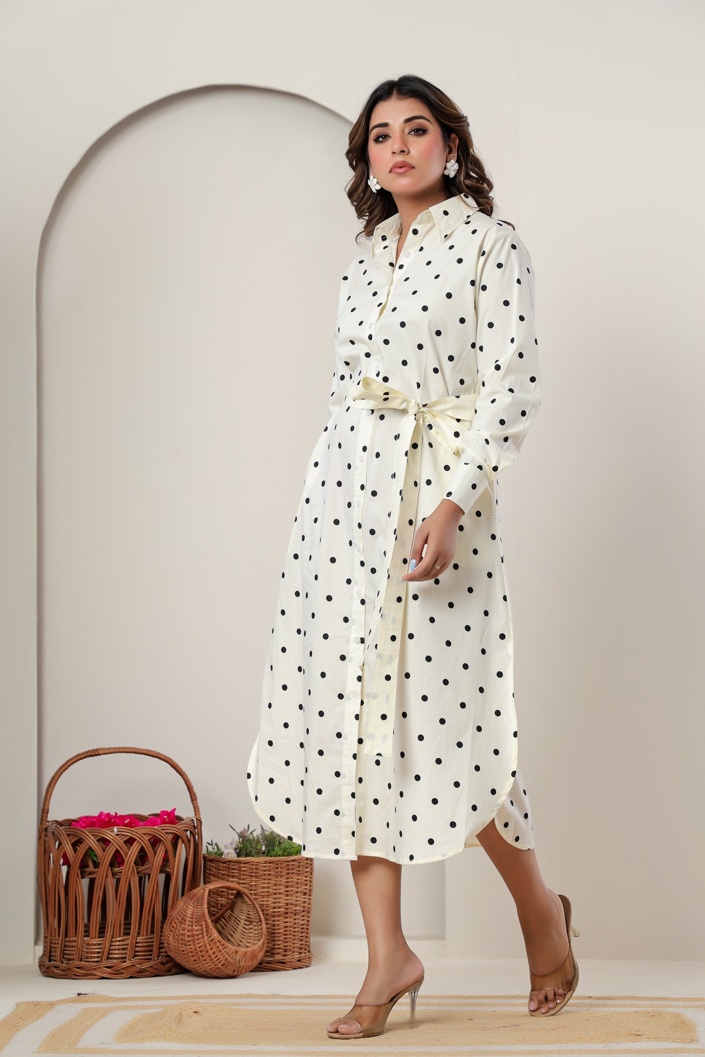 Crème Polka Dot Cotton Shirt Dress for Women | Long Midi Belted Button-Down