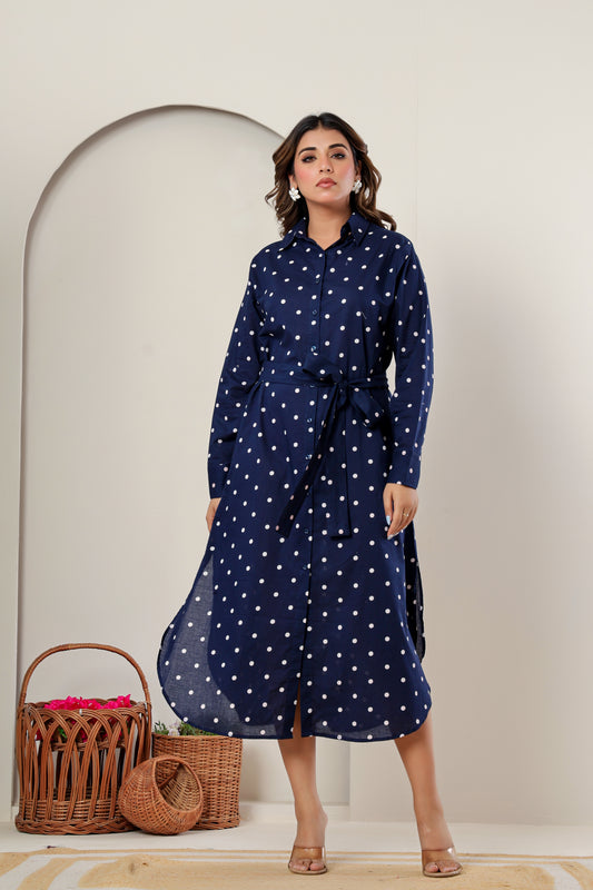 Navy Blue Polka Dot Cotton Shirt Dress | Elegant Long Midi Dress for Women