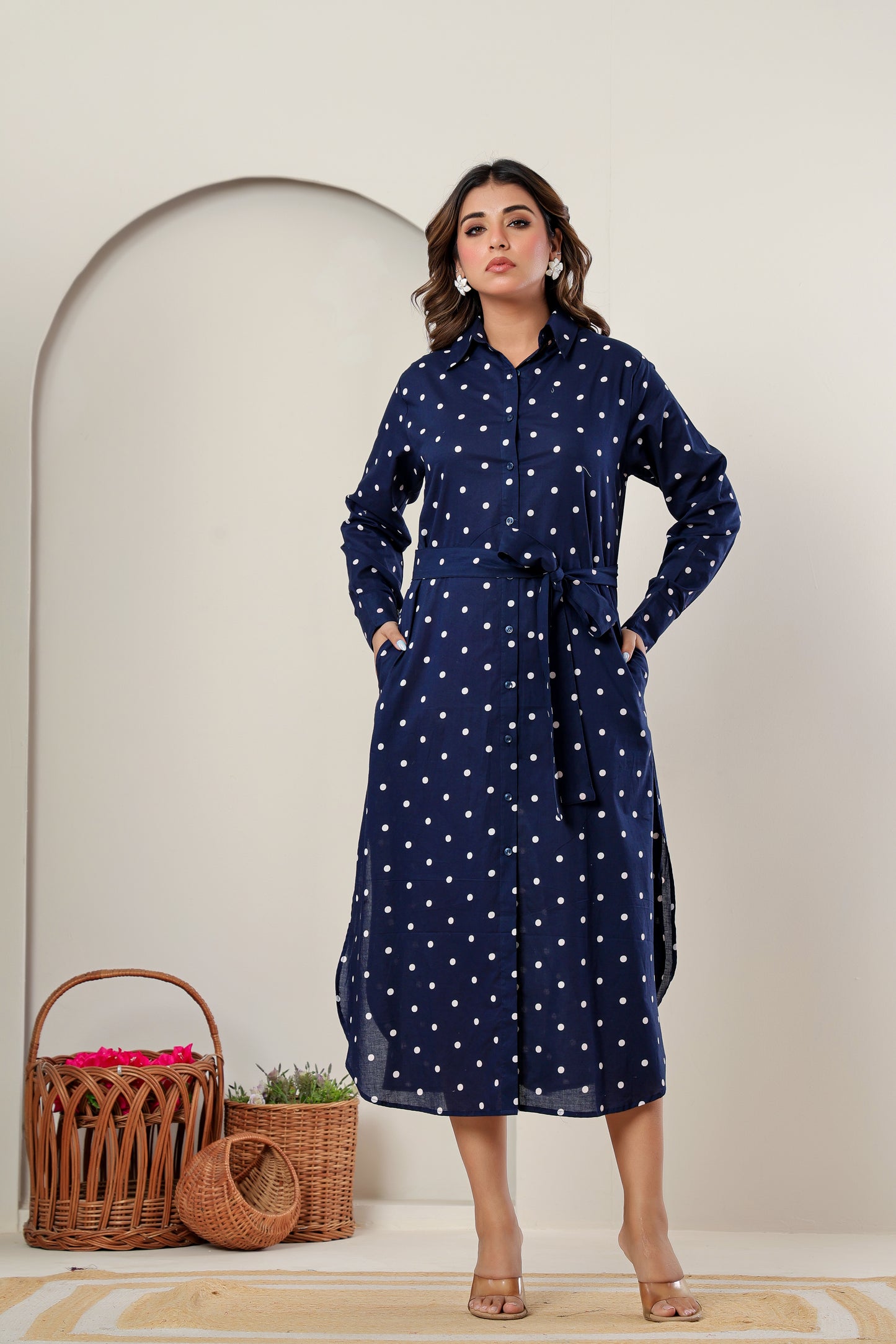 Navy Blue Polka Dot Cotton Shirt Dress | Elegant Long Midi Dress for Women