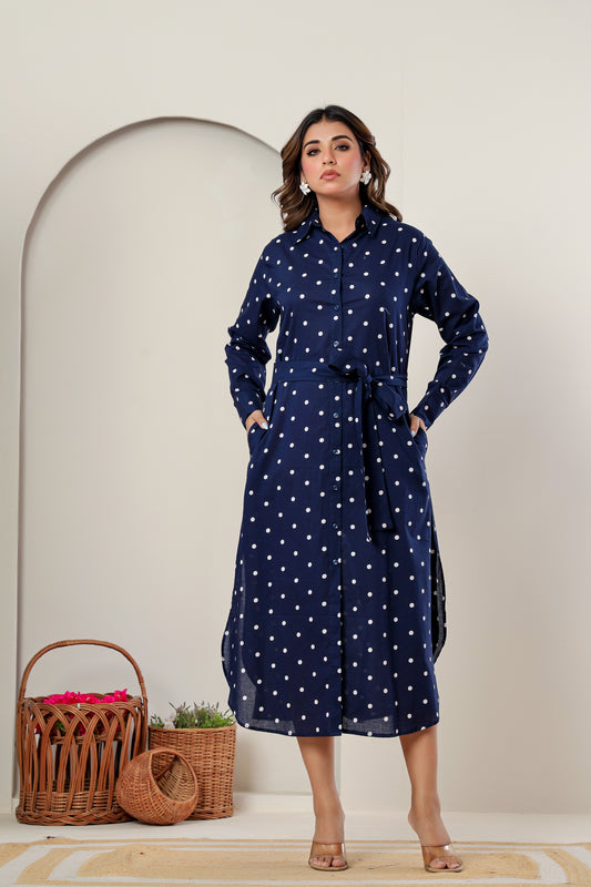 Navy Blue Polka Dot Cotton Shirt Dress