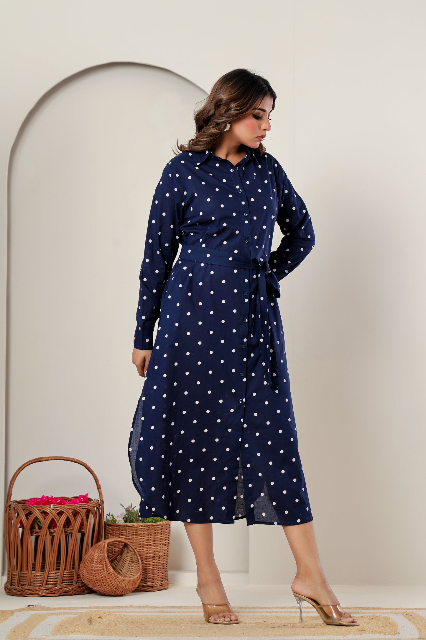 Navy Blue Polka Dot Cotton Shirt Dress | Elegant Long Midi Dress for Women
