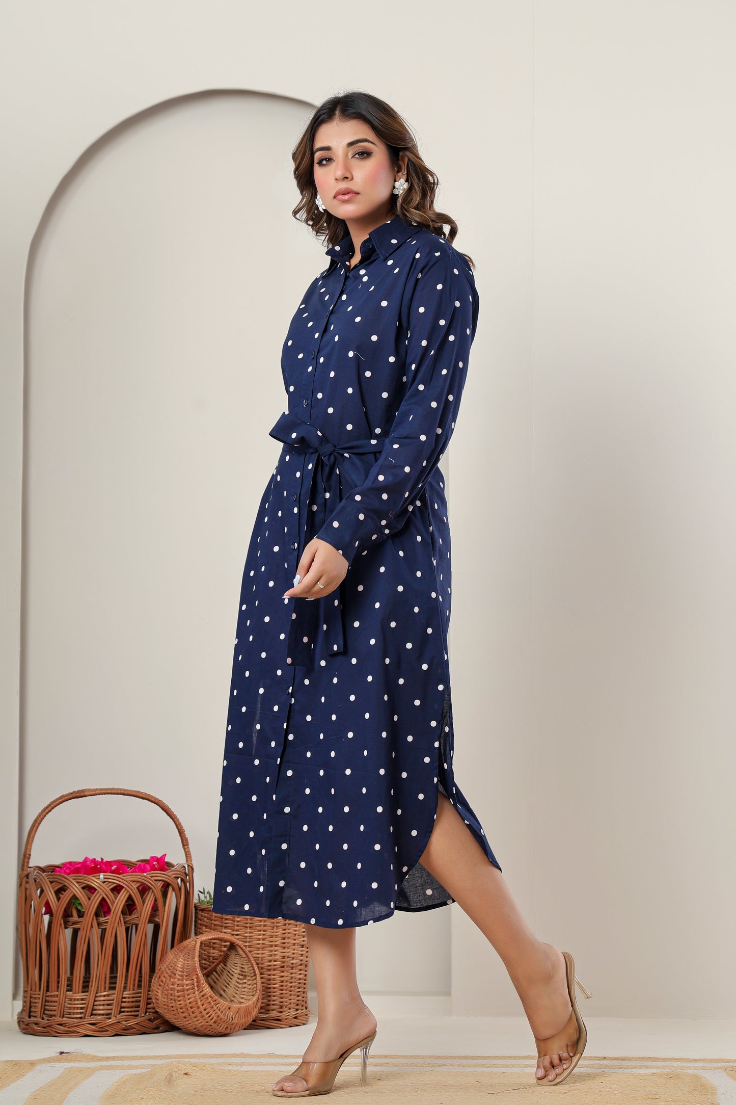 Navy Blue Polka Dot Cotton Shirt Dress | Elegant Long Midi Dress for Women