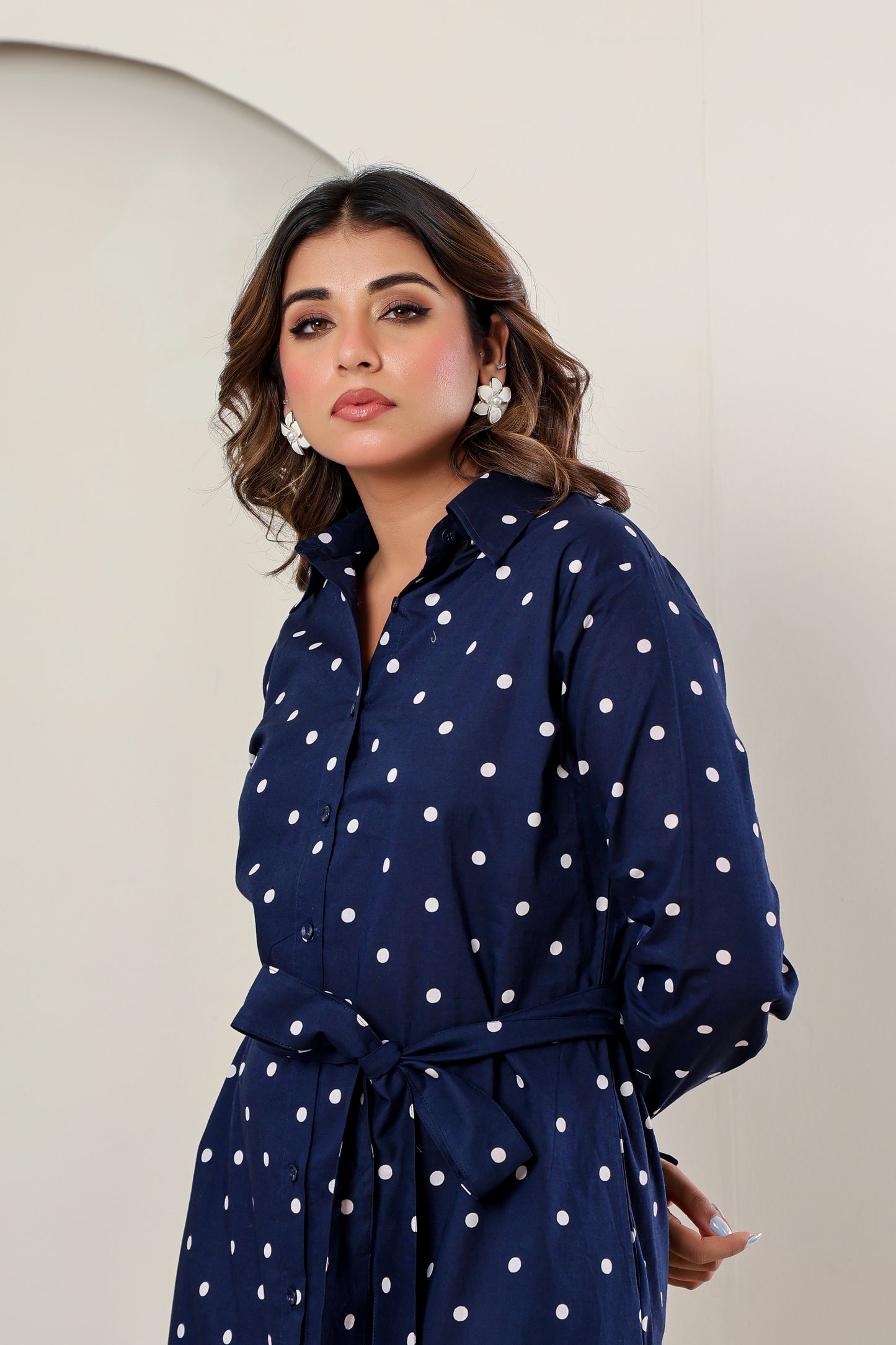 Navy Blue Polka Dot Cotton Shirt Dress | Elegant Long Midi Dress for Women