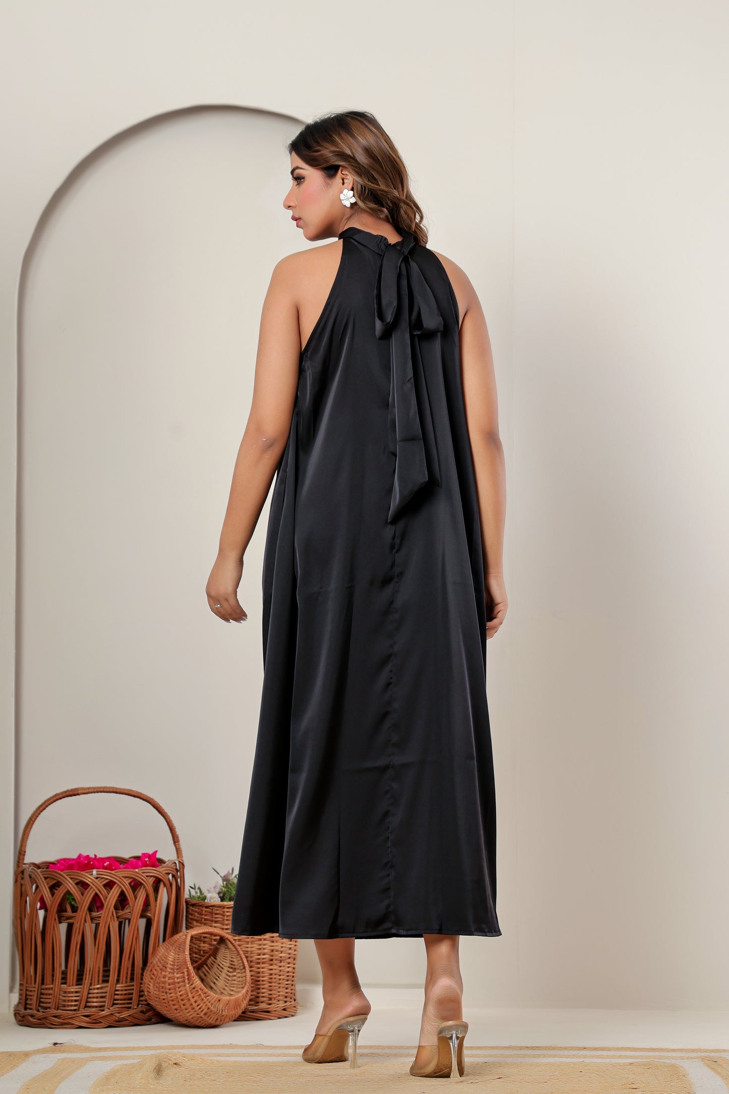 Premium Black Satin High-Neck Maxi Dress | Women’s Formal & Cocktail Outfit