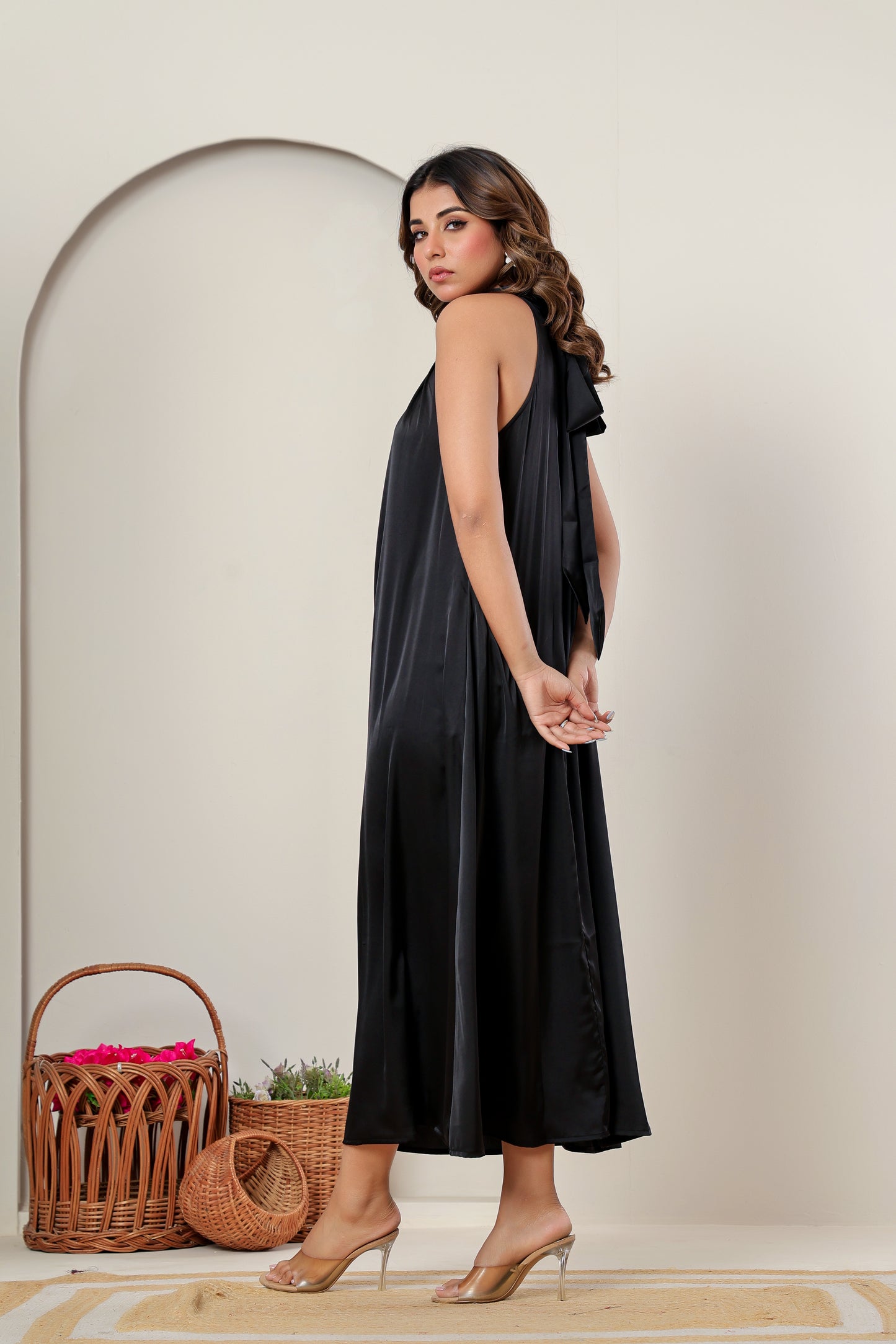Premium Black Satin High-Neck Maxi Dress | Women’s Formal & Cocktail Outfit