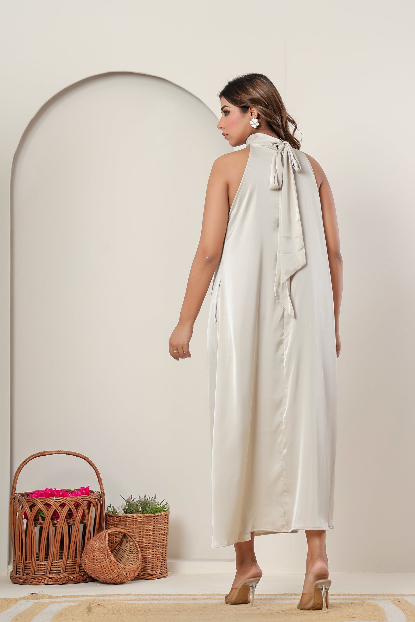 Premium Light Beige Taupe Satin High-Neck Maxi Dress | Women’s Formal & Cocktail Outfit (Copy)