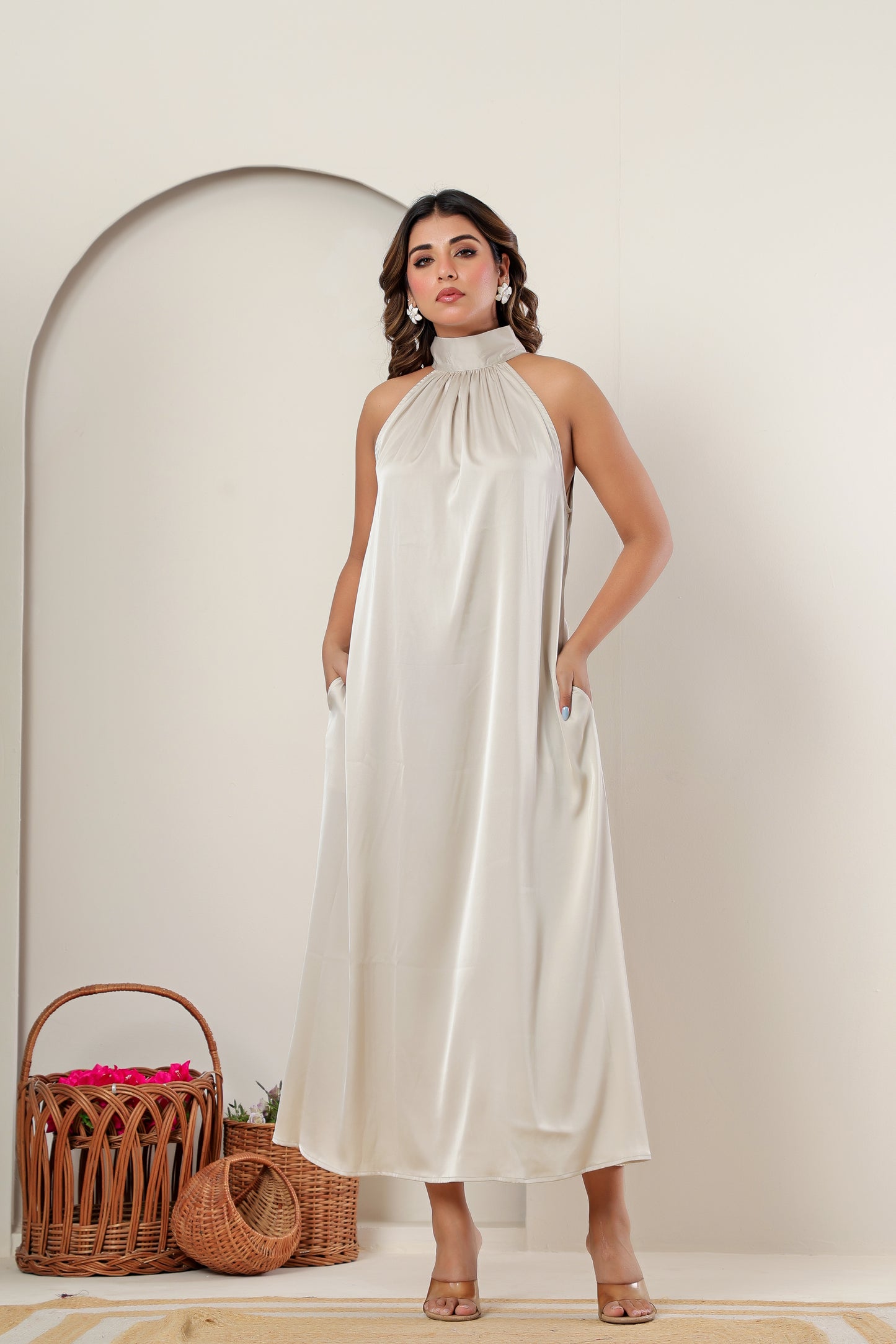 Premium Light Beige Taupe Satin High-Neck Maxi Dress | Women’s Formal & Cocktail Outfit (Copy)