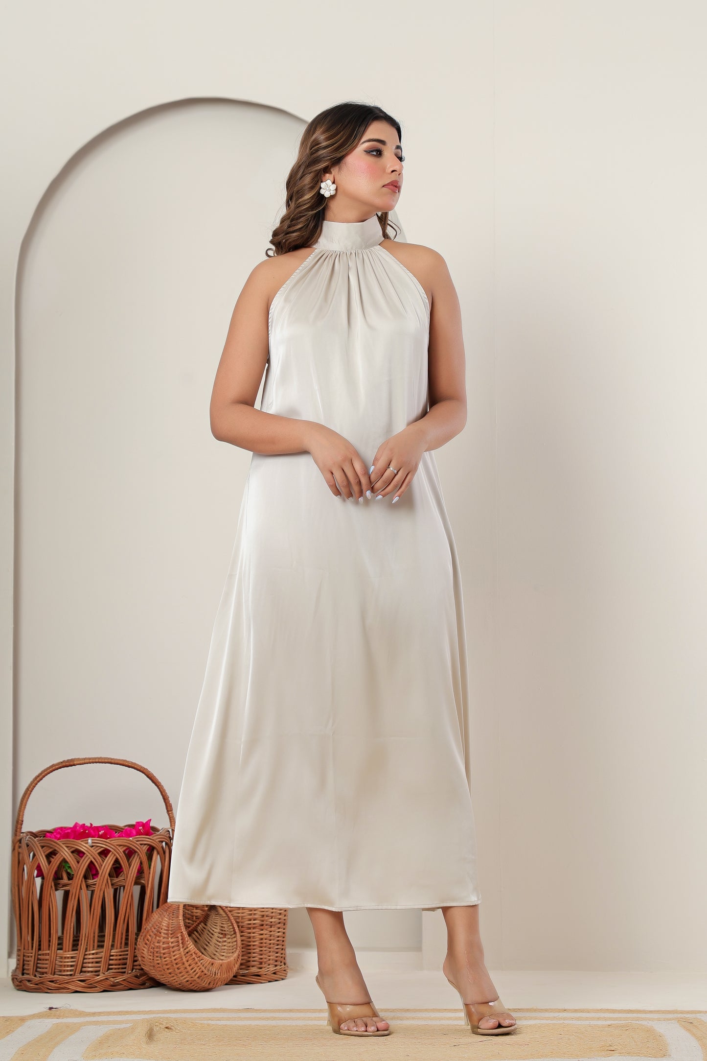 Premium Light Beige Taupe Satin High-Neck Maxi Dress | Women’s Formal & Cocktail Outfit (Copy)