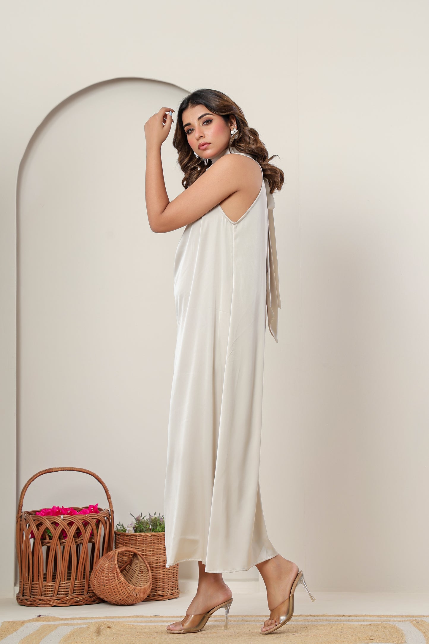 Premium Light Beige Taupe Satin High-Neck Maxi Dress | Women’s Formal & Cocktail Outfit (Copy)