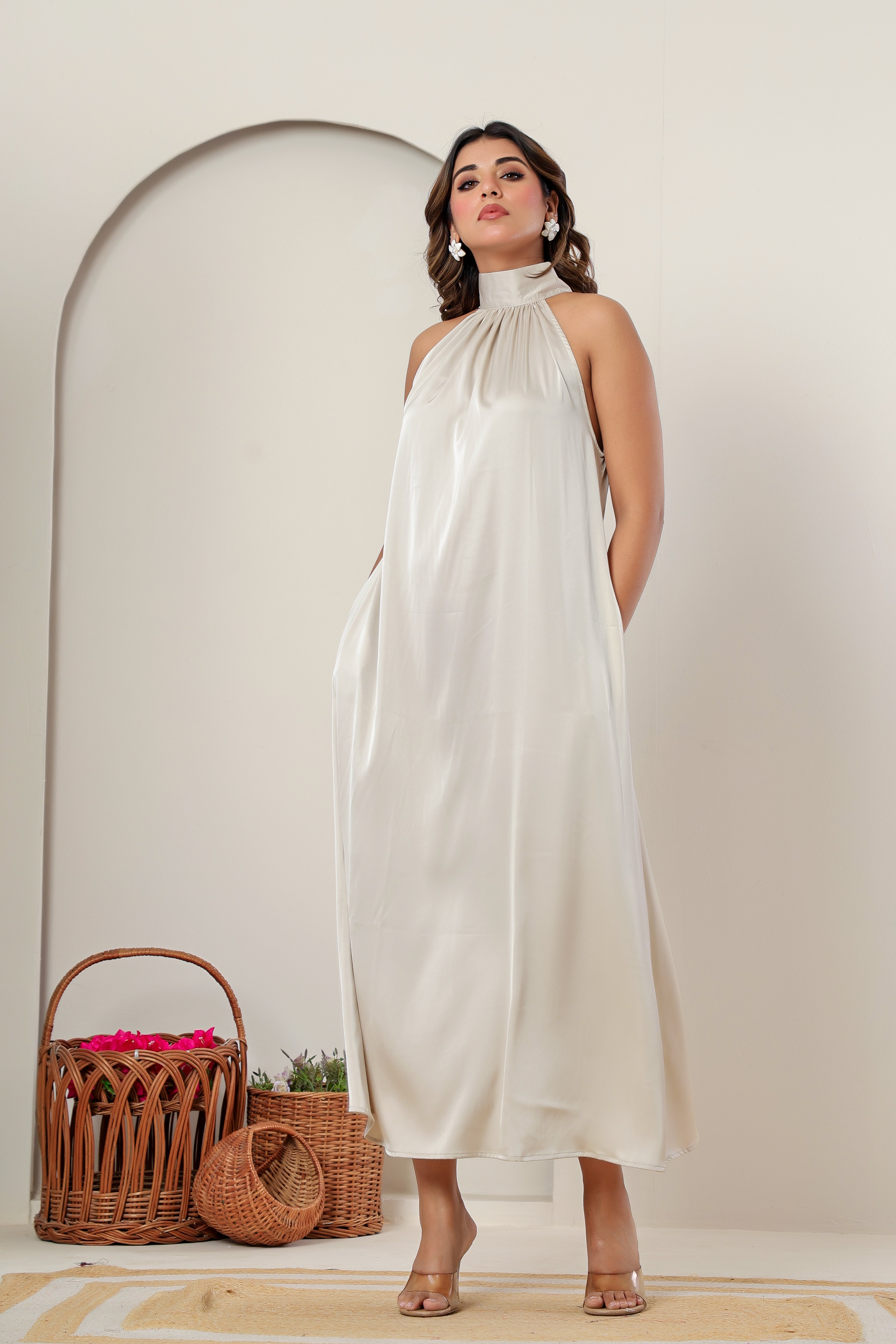 Beige Taupe Satin High-Neck Maxi Cocktail Dress