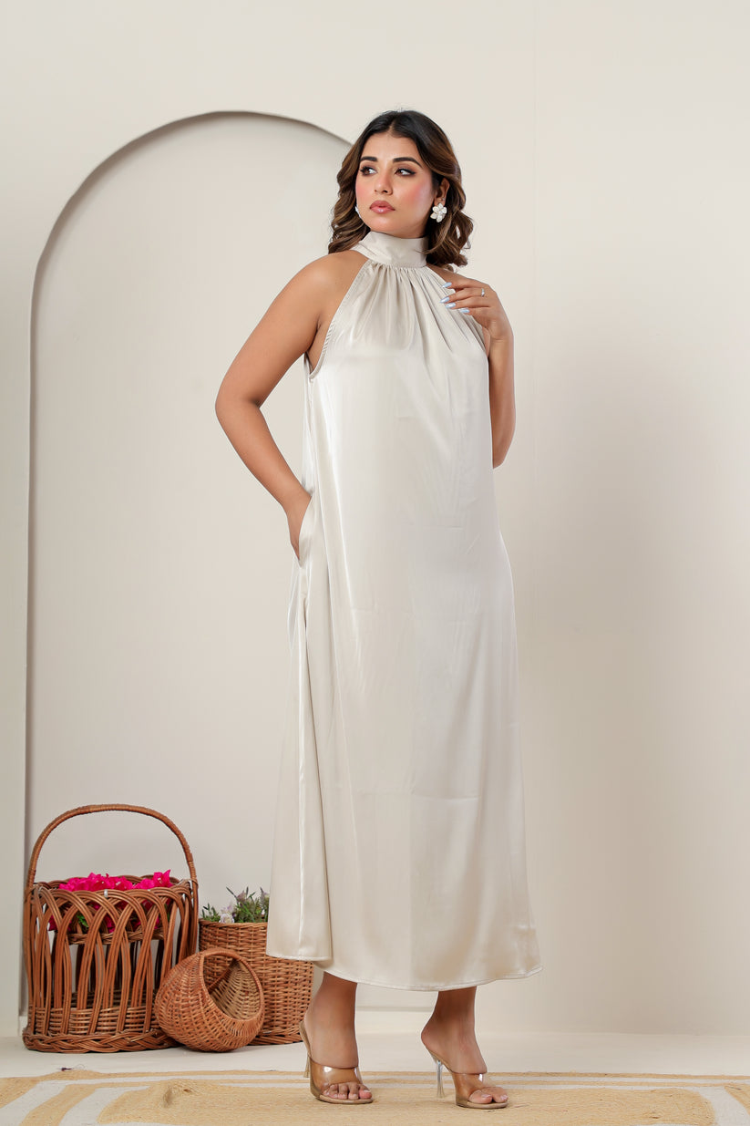 Beige Taupe Satin High-Neck Maxi Cocktail Dress